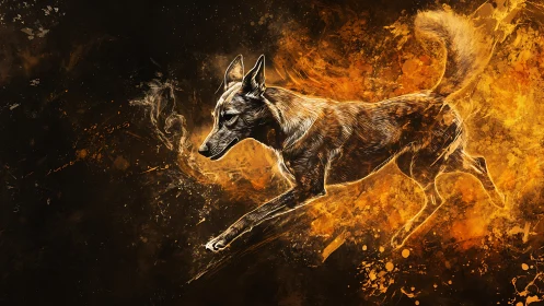 Kinetic canine silhouette in incandescent particulate motion field.
