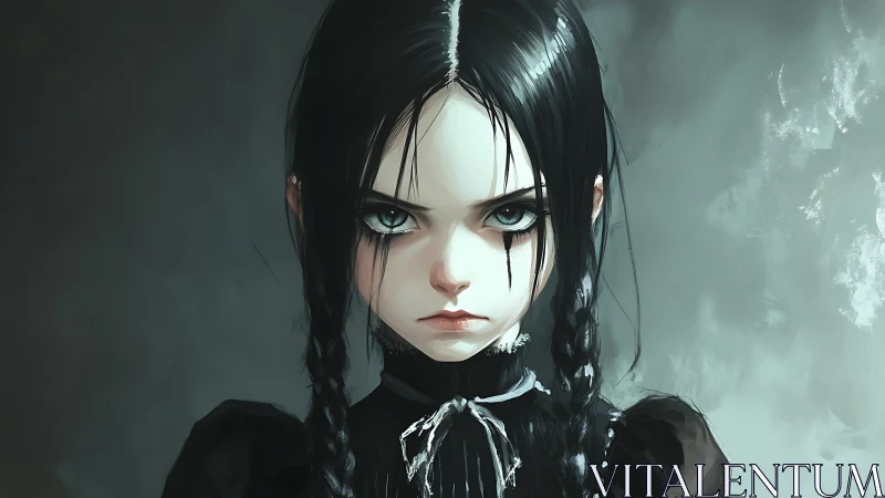 Storm-eyed gothic girl with braids and unblinking resolve.