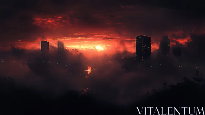 Silhouetted city skyline cuts through dense red storm clouds