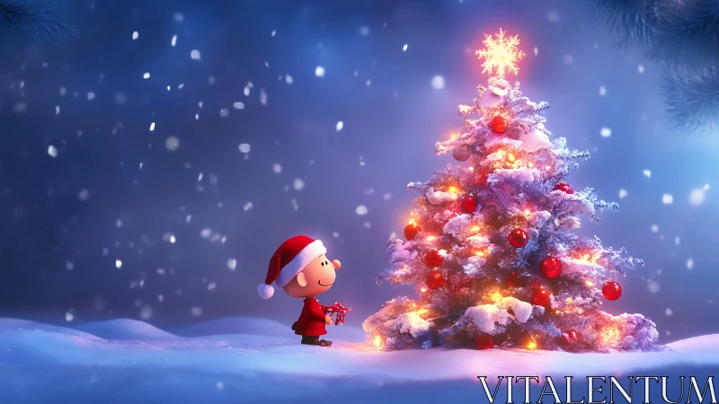 Cartoon child observes illuminated Christmas tree outdoors