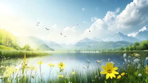 High dynamic range alpine lake landscape with wildflower foreground