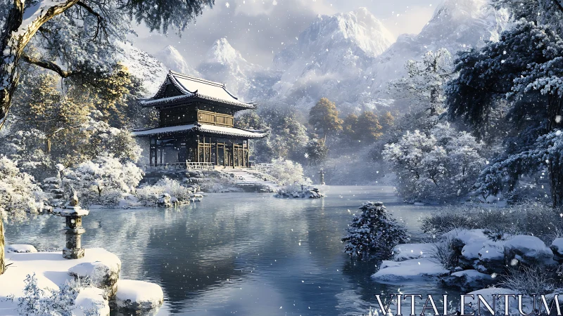 Winter temple refuge by a quiet mountain lake in snowfall.