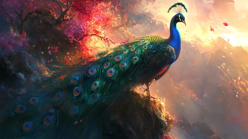 Luminous peacock on cliff in atmospheric digital fantasy painting.