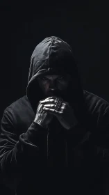 Hooded figure broods in shadowy low key dramatic lighting