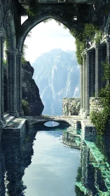 Sunlit stone arches open gently toward a tranquil blue cove