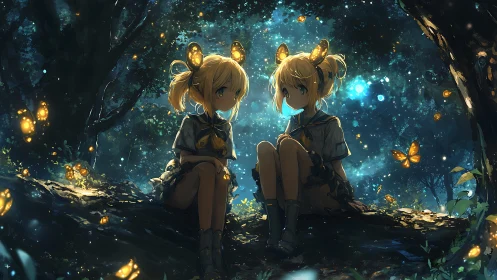 Bioluminescent forest twins with firefly butterflies at dusk