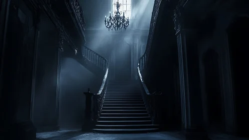 Volumetric moonlight over baroque staircase in haunted atrium.