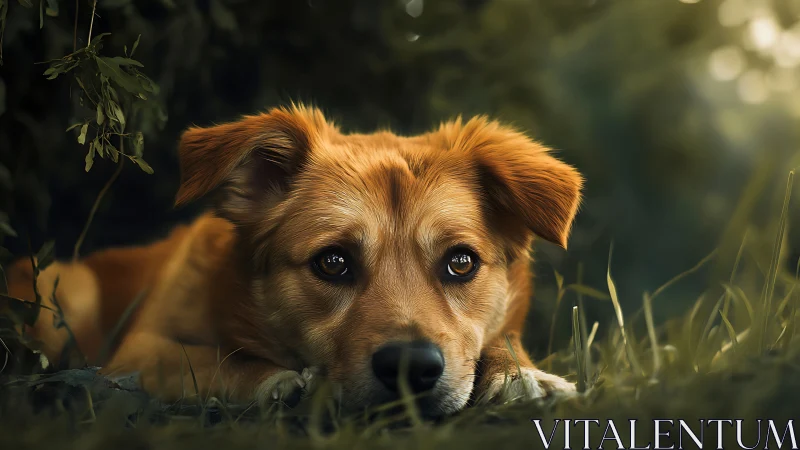 Photorealistic canine portrait in shallow depth-of-field woodland.