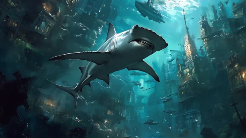 Digital painting of shark in submerged future megacity environment.