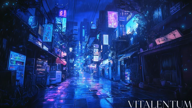 Neon-lit cyberpunk alley renders nocturnal rain-slicked depth