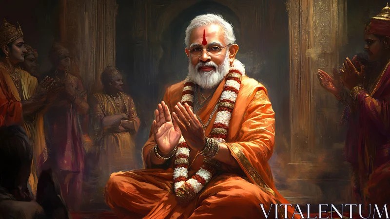 Orange-robed guru leads solemn ritual in ornate temple hall.