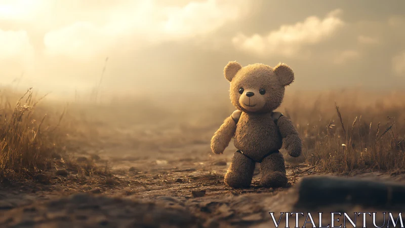 Stuffed toy bear on dirt path in soft evening backlight.