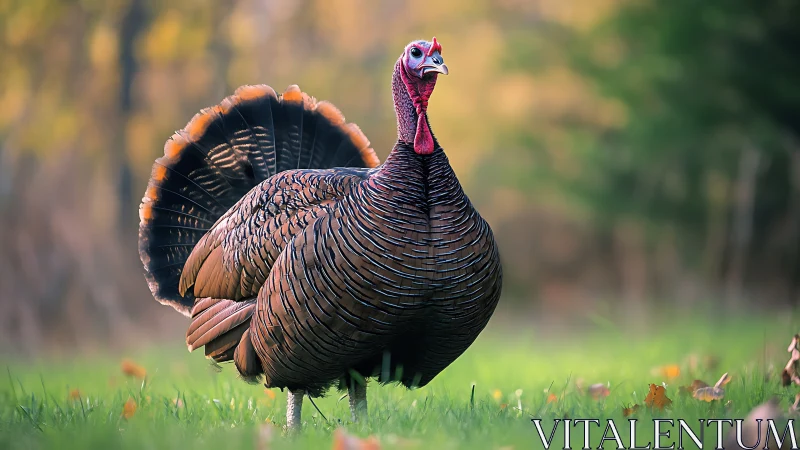 Wild turkey in autumn field, vivid nature photography style.