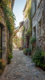 Sunlit cobblestone lane lined with ivy stone houses.