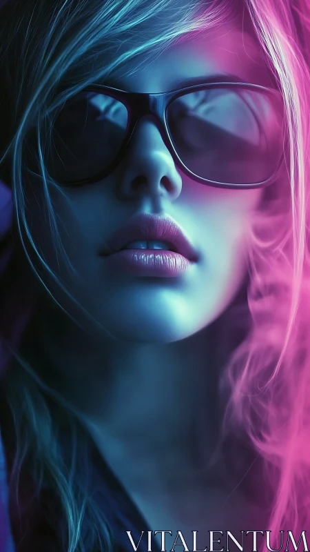 Neon-bathed portrait with dual-spectrum rim lighting detail.