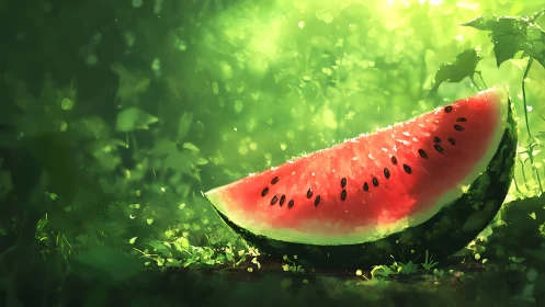 Sunlit watermelon slice rests gently in a glowing garden