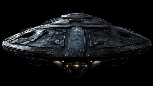 Angular dark spacecraft viewed frontally against black field.