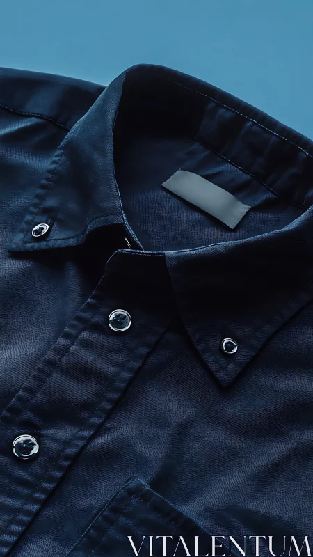 Navy cotton dress shirt with mother-of-pearl buttons against clear blue background.
