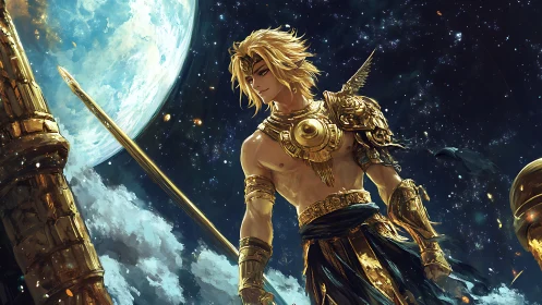 Golden armored celestial warrior before vast moon