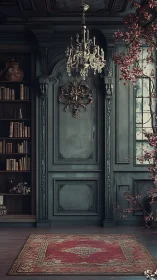 Neo-baroque library wall with chandelier and red Persian rug