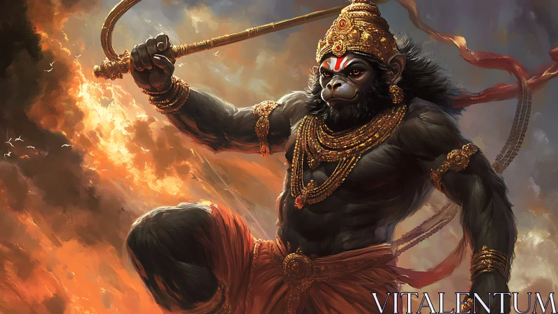 Hanuman warrior figure leaps forward holding golden mace