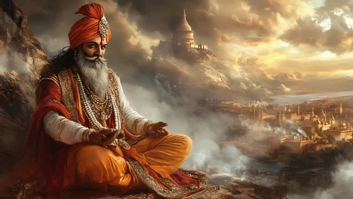 Robe-clad elder seated before mist-covered fantasy cityscape.