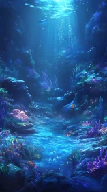 Iridescent undersea canyon with luminous coral gardens.