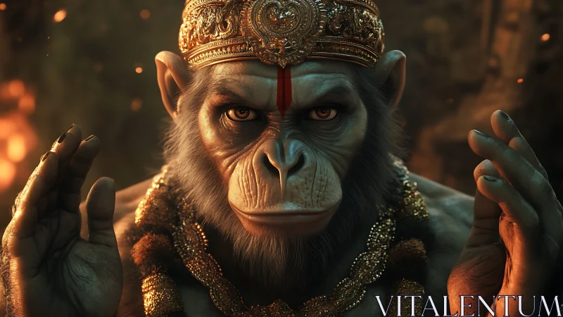 Photorealistic simian deity portrait with ornate gold crown