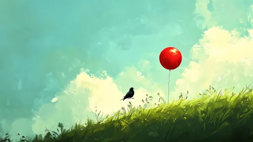 Red balloon and black bird stand out against bright sky