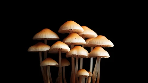 Cluster of tan mushrooms stands sharply lit against black