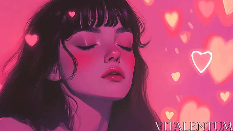 Digital portrait girl in pink bokeh hearts, closed eyes