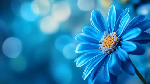 Blue flower with yellow stamens photographed against blurred background bokeh