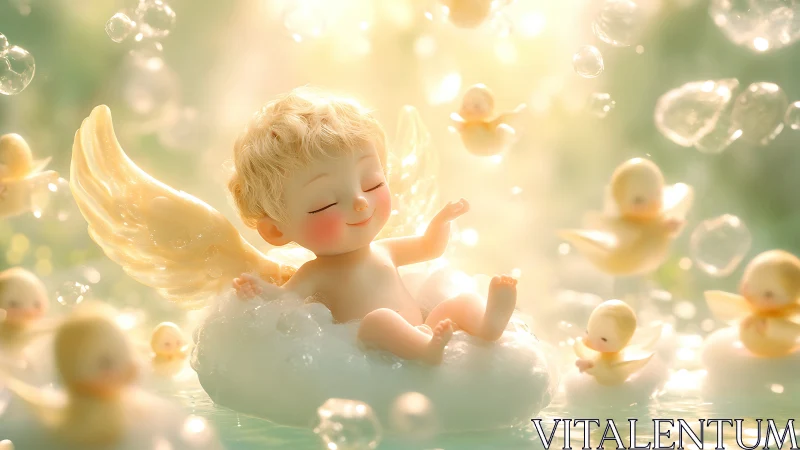 Luminous cherub reclining on cloud amid ethereal duck companions