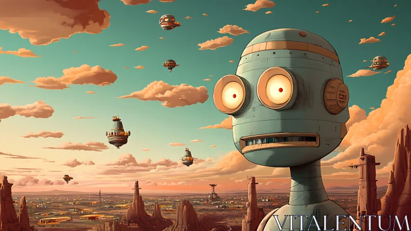 Large retro robot over desert city with flying capsules.