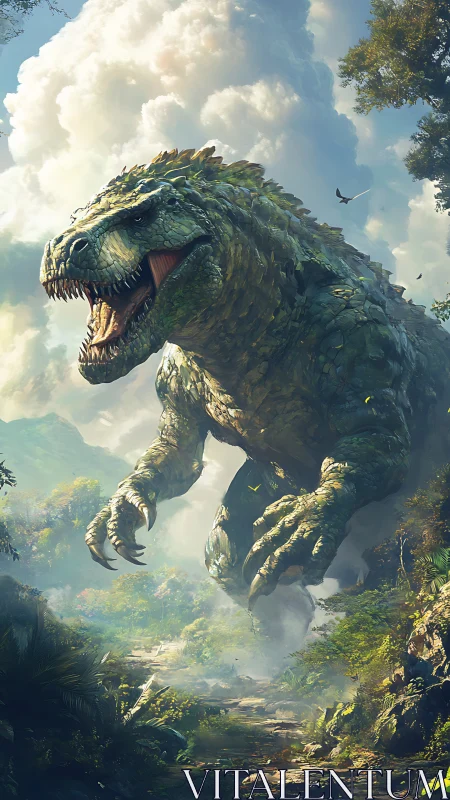 Gigantic Tyrannosaur strides through misty primeval valley