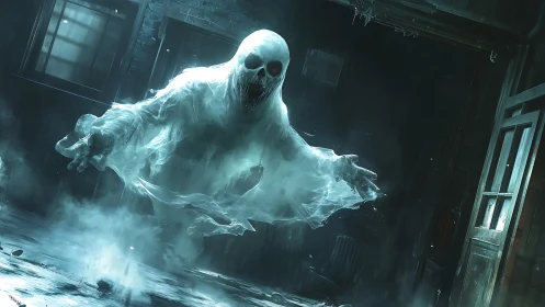 Translucent spectral figure advances through dilapidated room