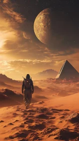 Astronaut crossing alien desert toward monolithic pyramid.