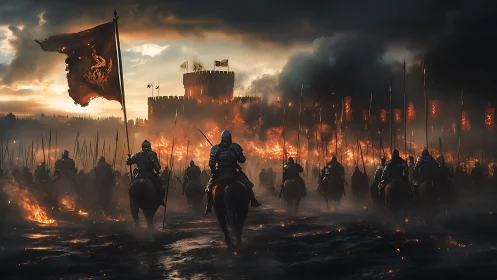 Armored cavalry charges burning fortress under storm sky.