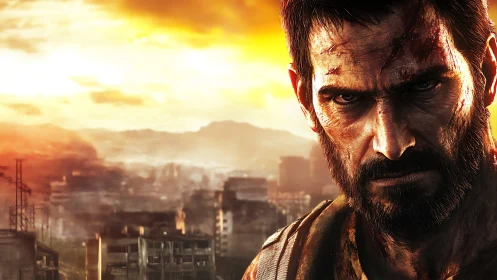 Scarred bearded man against burning urban sunset skyline.