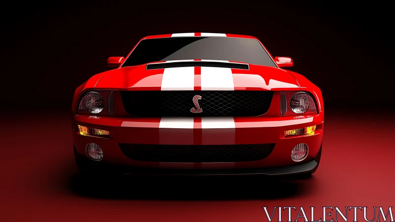Red muscle car showcases bold racing stripes and stance.