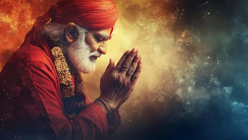Elderly sage bows in prayer within radiant cosmic light