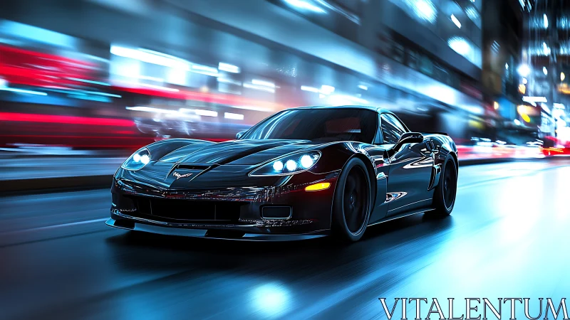 Midnight black sports car racing through neon city streets.