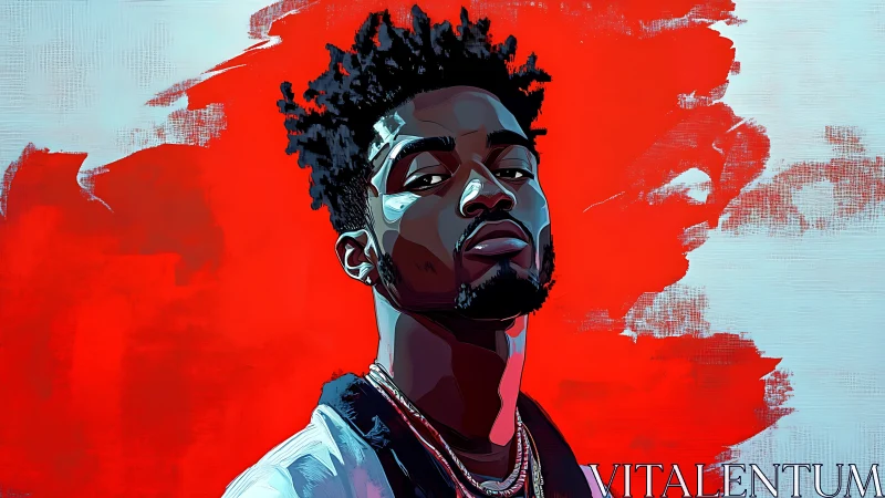 Bold digital portrait against vivid red abstract field.