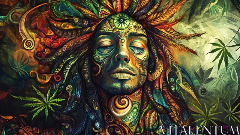 Psychedelic goddess in trance merges with swirling nature