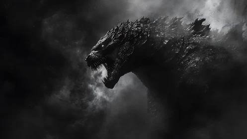 Dark kaiju profile emerging from dense swirling smoke.