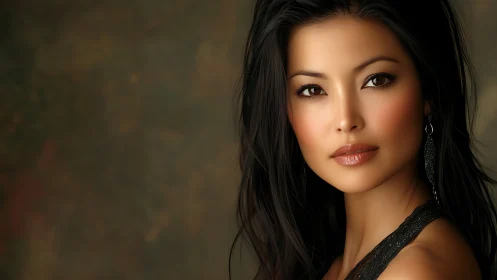 Elegant Portrait of Woman with Long Dark Hair in Soft Lighting.