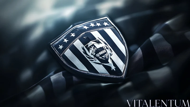 Shield emblem with striped crest and stylized grinning skull