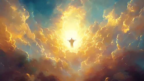 Radiant celestial figure emerging through luminous clouds.