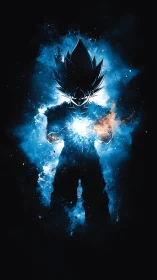 Silhouetted energy warrior radiates blue plasma aura in void
