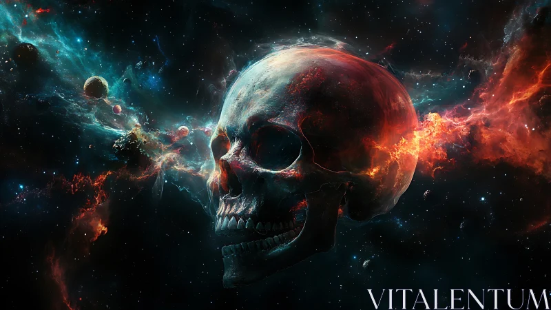Human skull structure is integrated within a cosmic nebula field